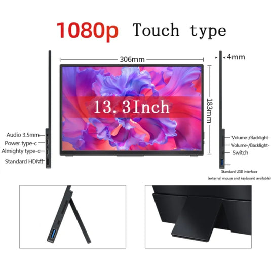 [SF13] 13.3 Inch 1920*1080p FHD Touch Screen Portable Monitor with Type-C USB HDMI-Compatible for Expand Mobile PC Laptop Game Display ERESE