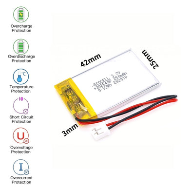 [PH2.0-JST Connector][302540] Universal 250mAh 3.7V Rechargeable Li-Ion Lithium Polymer Battery - Polar Tech Australia