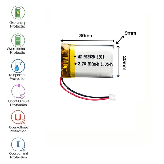 [PH2.0-JST Connector][902030] Universal 500mAh 3.7V Rechargeable Li-Ion Lithium Polymer Battery - Polar Tech Australia