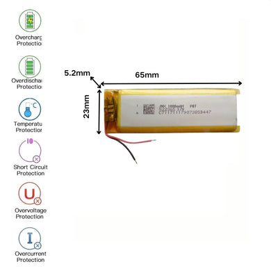 [PH2.0-JST Connector][522365] Universal 1000mAh 3.7V Rechargeable Li-Ion Lithium Polymer Battery - Polar Tech Australia