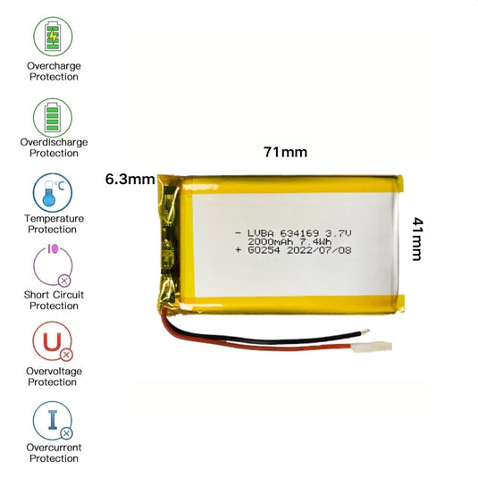 [PH2.0-JST Connector][634169] Universal 2000mAh 3.7V Rechargeable Li-Ion Lithium Polymer Battery - Polar Tech Australia