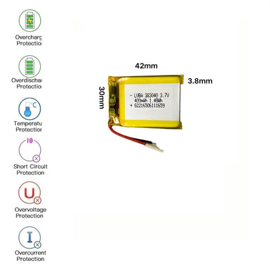 [PH2.0-JST Connector][383040] Universal 400mAh 3.7V Rechargeable Li-Ion Lithium Polymer Battery - Polar Tech Australia