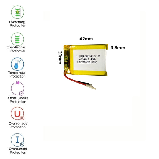 [PH2.0-JST Connector][383040] Universal 400mAh 3.7V Rechargeable Li-Ion Lithium Polymer Battery - Polar Tech Australia