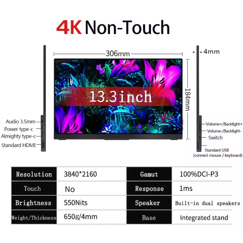 Cargue la imagen en el visor de la galería, [SU13] 13.3 Inch 4K OLED Portable Monitor AMOLED 100% DCI-P3 USB-C Second Gaming Screen for Laptop Xbox Switch PS5/4 Macbook
