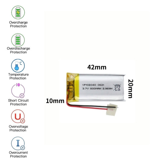 [PH2.0-JST Connector][102040] Universal 850mAh 3.7V Rechargeable Li-Ion Lithium Polymer Battery - Polar Tech Australia