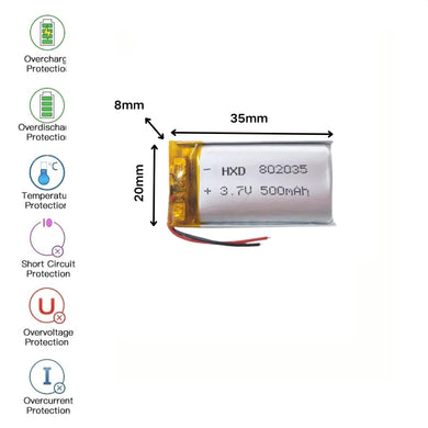 [PH2.0-JST Connector][802035] Universal 500mAh 3.7V Rechargeable Li-Ion Lithium Polymer Battery - Polar Tech Australia