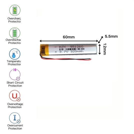 [PH2.0-JST Connector][551260] Universal 320mAh 3.7V Rechargeable Li-Ion Lithium Polymer Battery - Polar Tech Australia