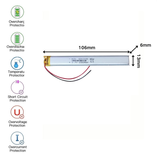 [PH2.0-JST Connector][6013106] Universal 1000mAh 3.7V Rechargeable Li-Ion Lithium Polymer Battery - Polar Tech Australia