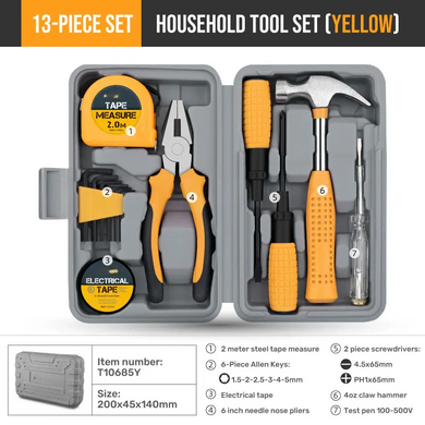 [13 in 1] Home & Office DIY Hand Tool Kit Set in Portable Toolbox Case for Household Repairs and Improvements
