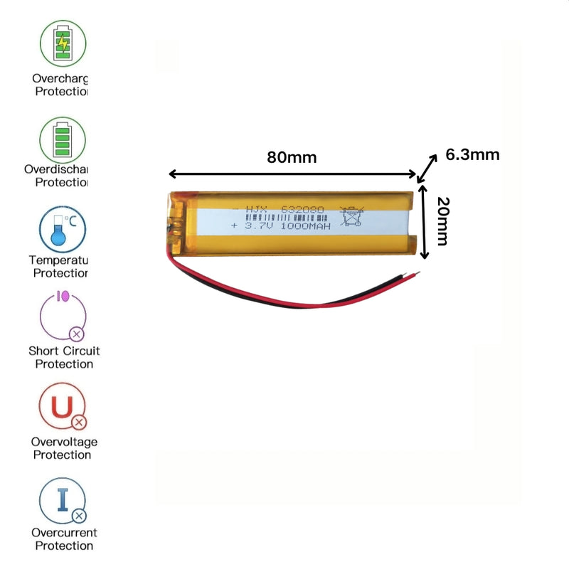 Load image into Gallery viewer, [PH2.0-JST Connector][632080] Universal 1000mAh 3.7V Rechargeable Li-Ion Lithium Polymer Battery - Polar Tech Australia
