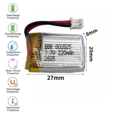 [PH2.0-JST Connector][802025] Universal 220mAh 3.7V Rechargeable Li-Ion Lithium Polymer Battery - Polar Tech Australia