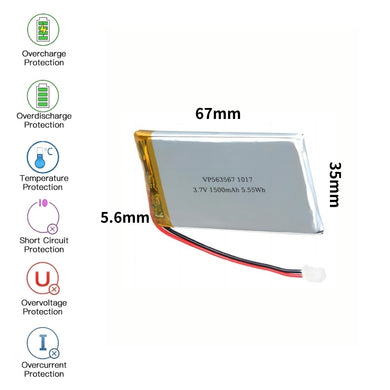 [PH2.0-JST Connector][563567] Universal 1500mAh 3.7V Rechargeable Li-Ion Lithium Polymer Battery - Polar Tech Australia
