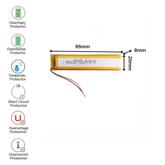[PH2.0-JST Connector][802095] Universal 1800mAh 3.7V Rechargeable Li-Ion Lithium Polymer Battery - Polar Tech Australia