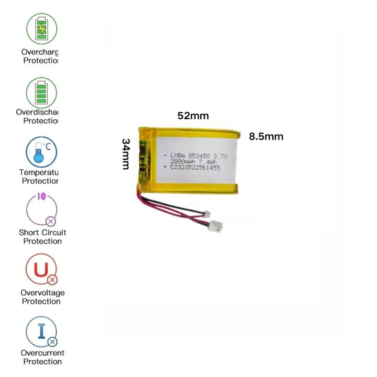 [PH2.0-JST Connector][853450] Universal 2000mAh 3.7V Rechargeable Li-Ion Lithium Polymer Battery - Polar Tech Australia
