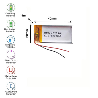 [PH2.0-JST Connector][402040] Universal 330mAh 3.7V Rechargeable Li-Ion Lithium Polymer Battery - Polar Tech Australia