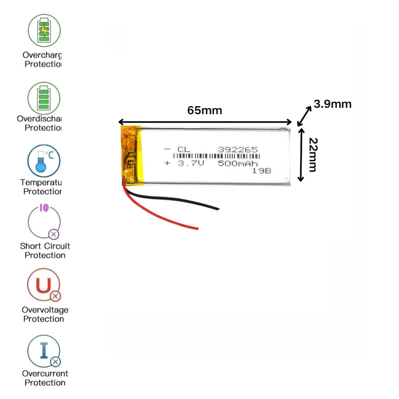 Cargue la imagen en el visor de la galería, [PH2.0-JST Connector][392265] Universal 500mAh 3.7V Rechargeable Li-Ion Lithium Polymer Battery - Polar Tech Australia
