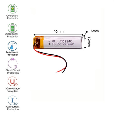 [PH2.0-JST Connector][501240] Universal 220mAh 3.7V Rechargeable Li-Ion Lithium Polymer Battery - Polar Tech Australia