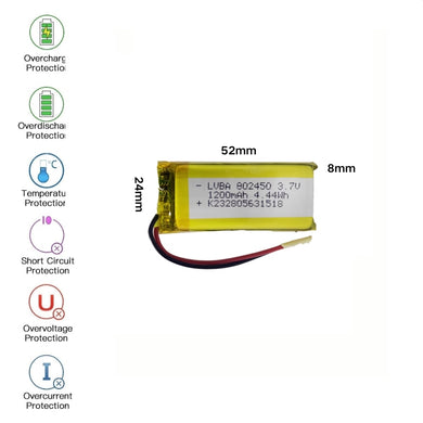 [PH2.0-JST Connector][802450] Universal 1200mAh 3.7V Rechargeable Li-Ion Lithium Polymer Battery - Polar Tech Australia
