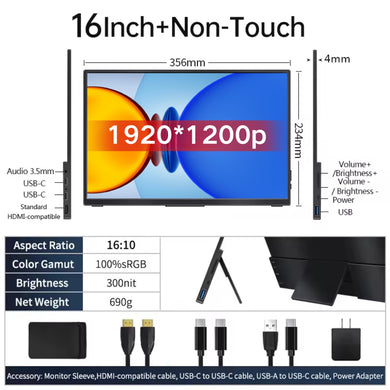 [AF16] 16 Inch 1920*1200p & 2.5k FHD Touch Screen Portable Monitor with Type-C USB HDMI-Compatible for Expand Mobile PC Laptop Game Display ERESE