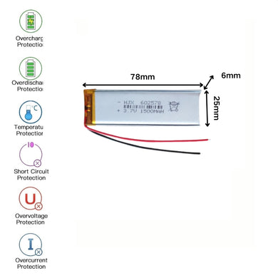 [PH2.0-JST Connector][602578] Universal 1500mAh 3.7V Rechargeable Li-Ion Lithium Polymer Battery - Polar Tech Australia