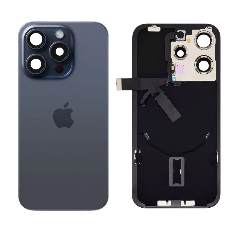 Cargue la imagen en el visor de la galería, [Assembly With Flex] Apple iPhone 15 Pro - Back Rear Replacement Glass Panel With Camera Lens, Flash Light Flex &amp; Magsafe Magnet Ring Wireless NFC Charging Flex
