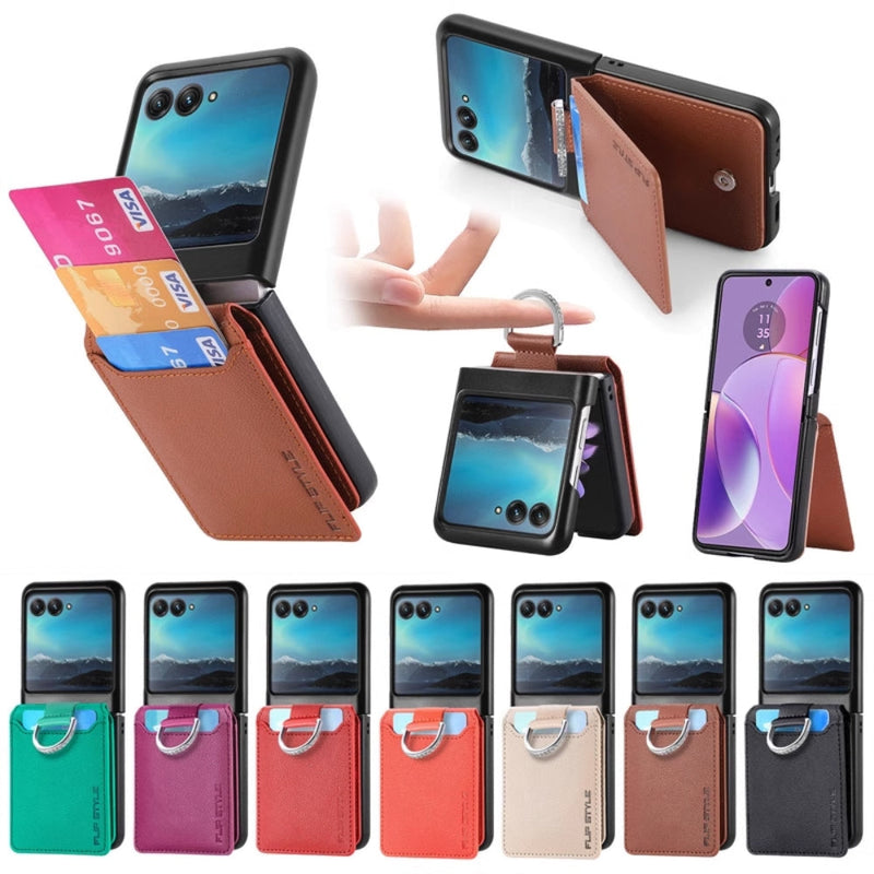 Cargue la imagen en el visor de la galería, [With Card Slot] Motorola Razr 50/Ultra - Litchi Texture Leather Ring Wallet Phone Case - Polar Tech Australia
