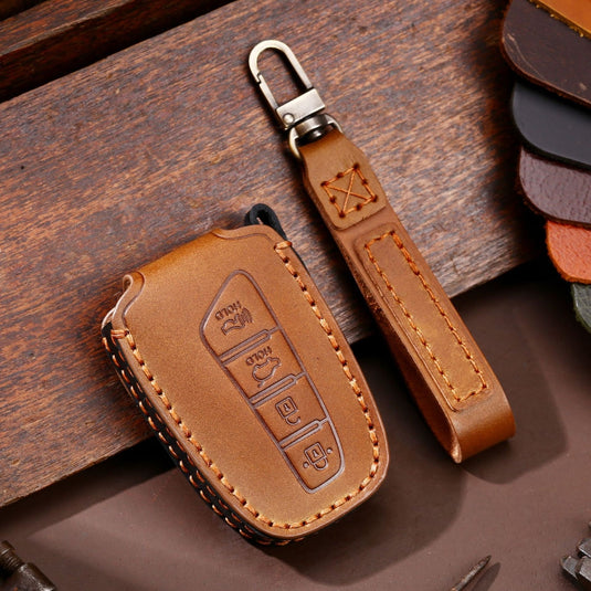 Hyundai Handcrafted Genuine Leather Car Key Fob Protective Case Cover For Santa Fe, Sport, Ix45, Equus, Centennial, Genesis G80, Grandeur, Azera