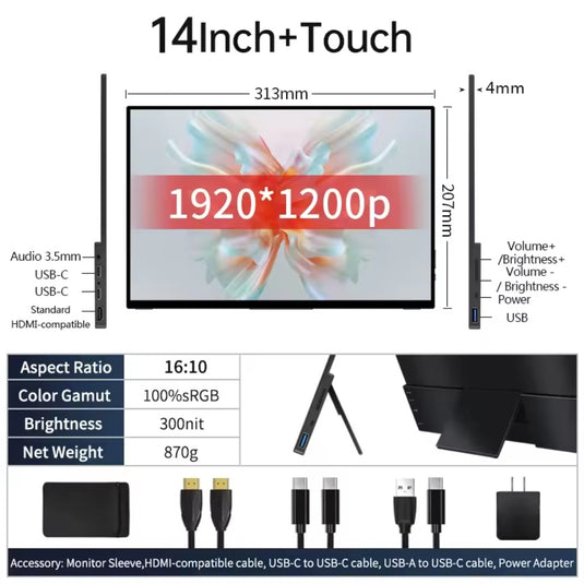 [AF14] 14 Inch 1920*1200p & 2.5k FHD Touch Screen Portable Monitor with Type-C USB HDMI-Compatible for Expand Mobile PC Laptop Game Display ERESE