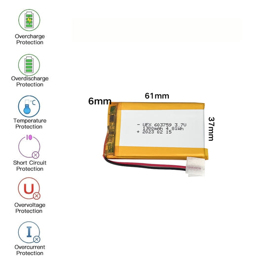 [PH2.0-JST Connector][603759] Universal 1500mAh 3.7V Rechargeable Li-Ion Lithium Polymer Battery - Polar Tech Australia
