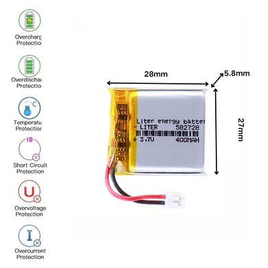 [PH2.0-JST Connector][582728] Universal 400mAh 3.7V Rechargeable Li-Ion Lithium Polymer Battery - Polar Tech Australia