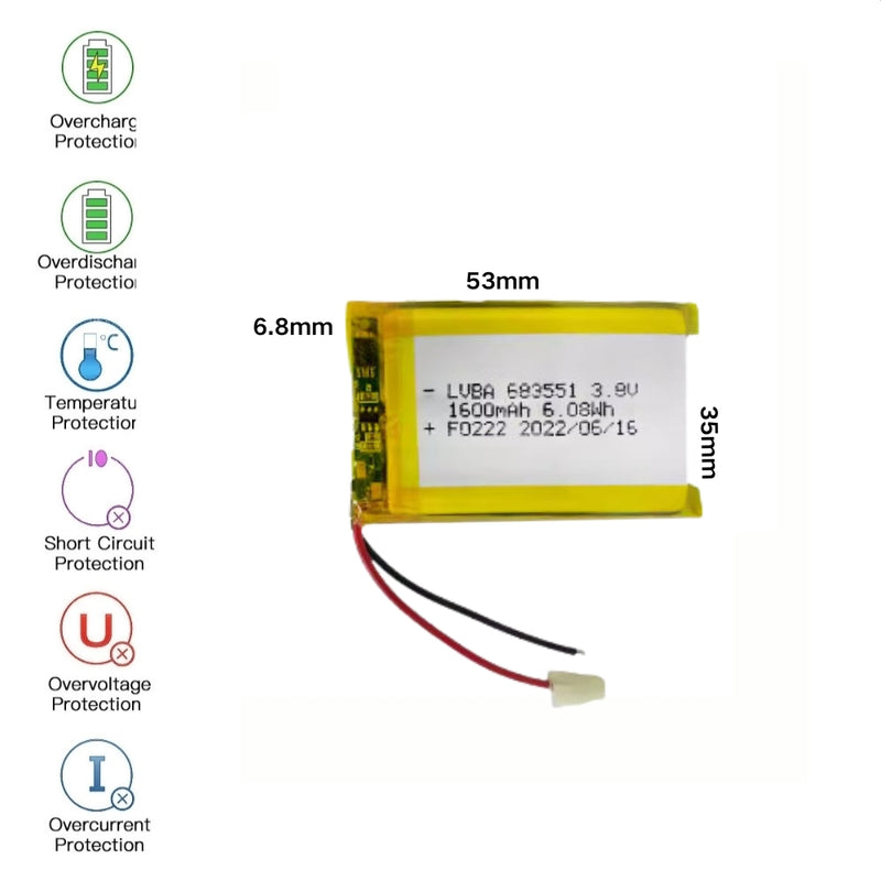 Cargue la imagen en el visor de la galería, [PH2.0-JST Connector][683551] Universal 1600mAh 3.8V Rechargeable Li-Ion Lithium Polymer Battery - Polar Tech Australia
