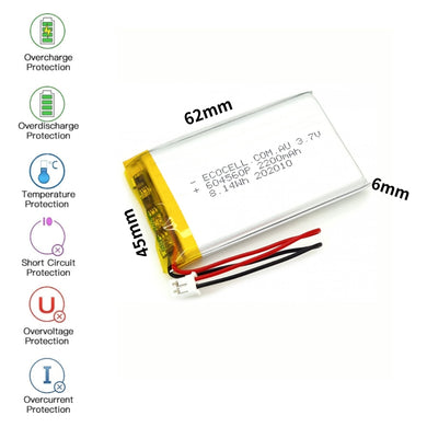 [PH2.0-JST Connector][604560] Universal 2200mAh 3.7V Rechargeable Li-Ion Lithium Polymer Battery - Polar Tech Australia