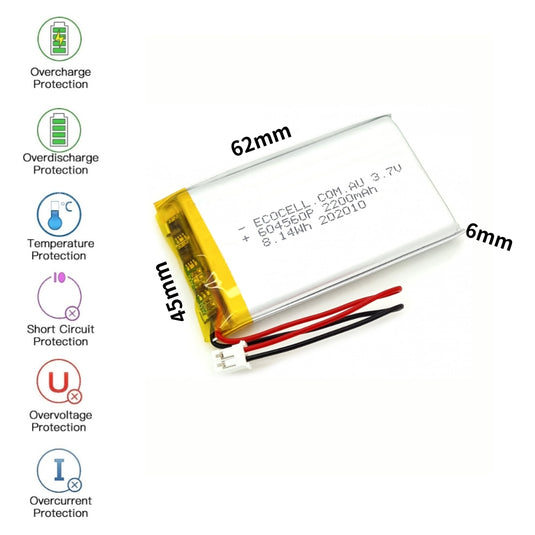 [PH2.0-JST Connector][604560] Universal 2200mAh 3.7V Rechargeable Li-Ion Lithium Polymer Battery - Polar Tech Australia