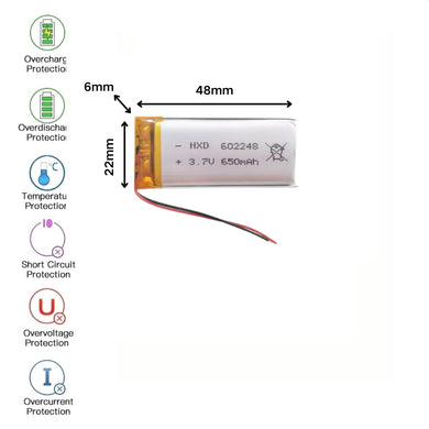 [PH2.0-JST Connector][602248] Universal 650mAh 3.7V Rechargeable Li-Ion Lithium Polymer Battery - Polar Tech Australia