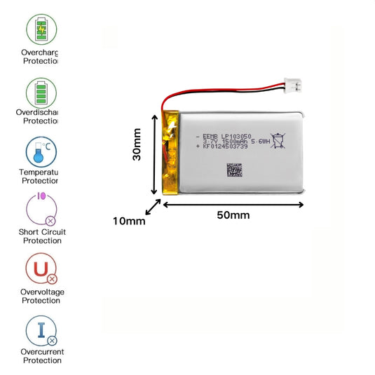 [PH2.0-JST Connector][103050] Universal 1500mAh 3.7V Rechargeable Li-Ion Lithium Polymer Battery - Polar Tech Australia