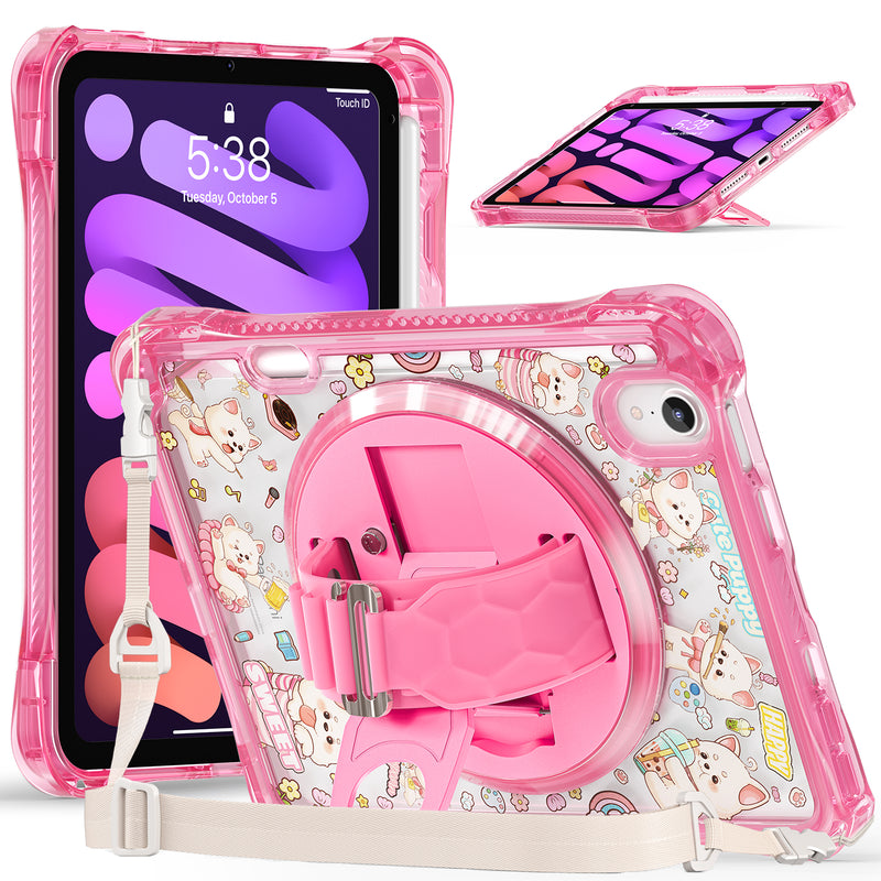 Cargue la imagen en el visor de la galería, [Built-in Pen Slot][With Shoulder Strap] Apple iPad Mini 6/7 8.3&#39;&#39; 6/7th Gen (2021/2024) Cartoon Kids Transparent Anti-Drop Protective Stand Case
