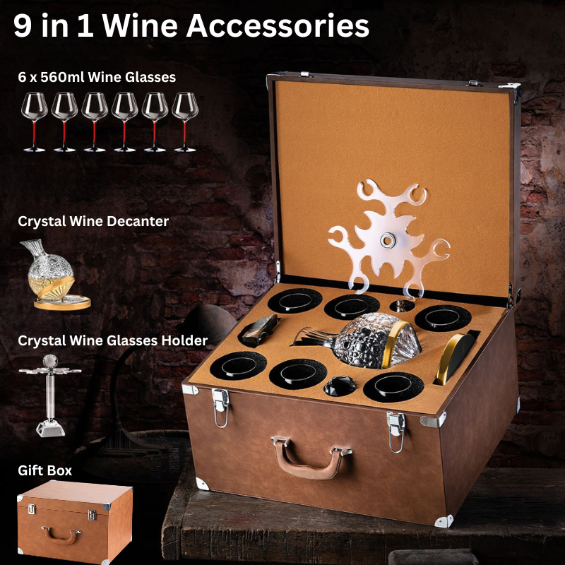 Chargez l&#39;image dans la visionneuse de la galerie, [9 in 1] Wine Accessories Gift Box Luxury 360° Rotating Crystal Hand Blown Wine Decanter with wine glasses and rack
