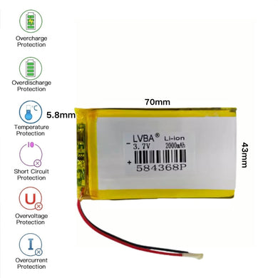 [PH2.0-JST Connector][584368] Universal 2000mAh 3.7V Rechargeable Li-Ion Lithium Polymer Battery - Polar Tech Australia