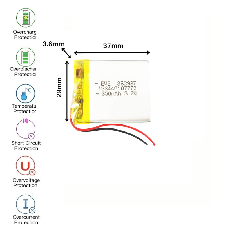 Load image into Gallery viewer, [PH2.0-JST Connector][362937] Universal 350mAh 3.7V Rechargeable Li-Ion Lithium Polymer Battery - Polar Tech Australia
