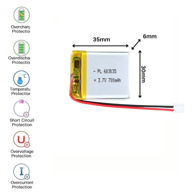 [PH2.0-JST Connector][603035] Universal 700mAh 3.7V Rechargeable Li-Ion Lithium Polymer Battery - Polar Tech Australia