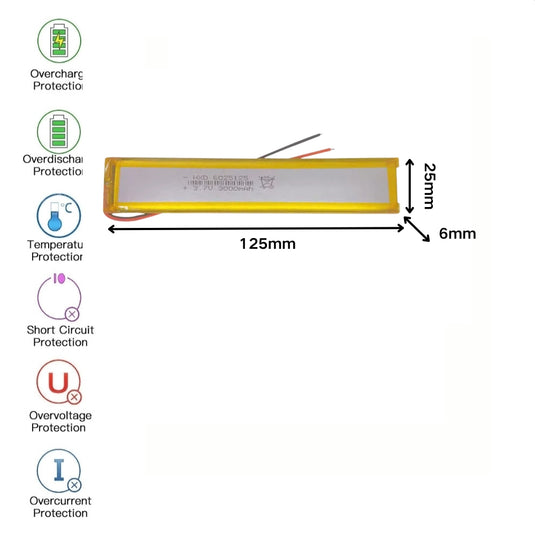 [PH2.0-JST Connector][6025125] Universal 3000mAh 3.7V Rechargeable Li-Ion Lithium Polymer Battery - Polar Tech Australia