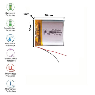 [PH2.0-JST Connector][803030] Universal 750mAh 3.7V Rechargeable Li-Ion Lithium Polymer Battery - Polar Tech Australia