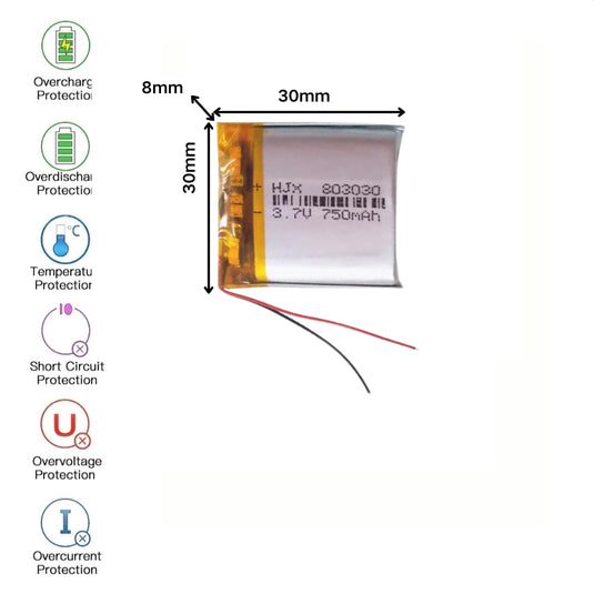 [PH2.0-JST Connector][803030] Universal 750mAh 3.7V Rechargeable Li-Ion Lithium Polymer Battery - Polar Tech Australia