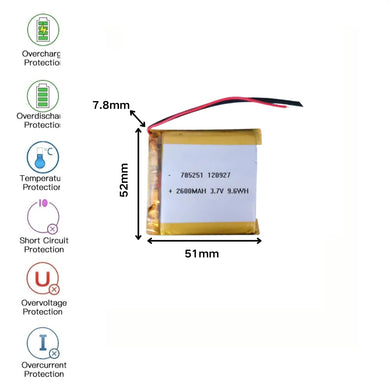 [PH2.0-JST Connector][785251] Universal 2600mAh 3.7V Rechargeable Li-Ion Lithium Polymer Battery - Polar Tech Australia