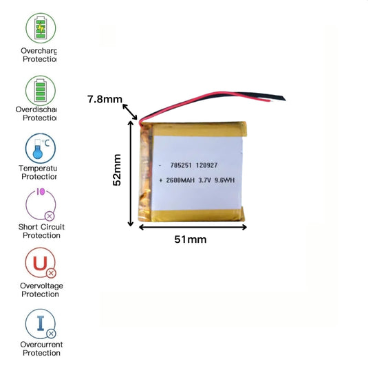 [PH2.0-JST Connector][785251] Universal 2600mAh 3.7V Rechargeable Li-Ion Lithium Polymer Battery - Polar Tech Australia
