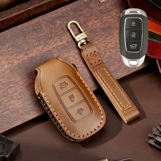 Hyundai Handcrafted Genuine Leather Car Key Fob Protective Case Cover For Santa Fe, Tucson, Palisade, Kona, Santa Fe, Azera
