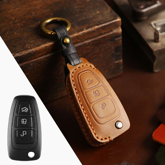 Ford Handcrafted Genuine Leather Car Key Fob Protective Case Cover For Kuga, Edge, Ranger, Mondeo, Focus