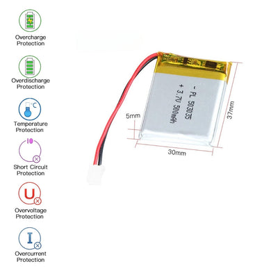 [PH2.0-JST Connector][503035] Universal 500mAh 3.7V Rechargeable Li-Ion Lithium Polymer Battery - Polar Tech Australia