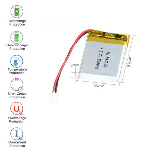 [PH2.0-JST Connector][503035] Universal 500mAh 3.7V Rechargeable Li-Ion Lithium Polymer Battery - Polar Tech Australia