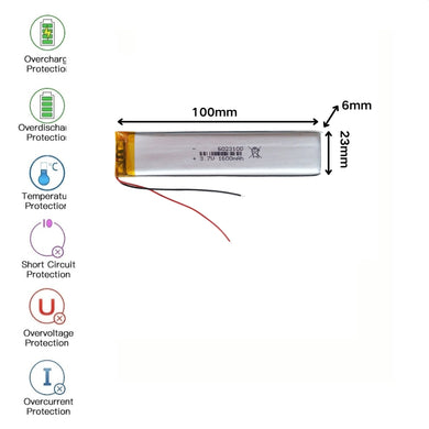 [PH2.0-JST Connector][6023100] Universal 1600mAh 3.7V Rechargeable Li-Ion Lithium Polymer Battery - Polar Tech Australia